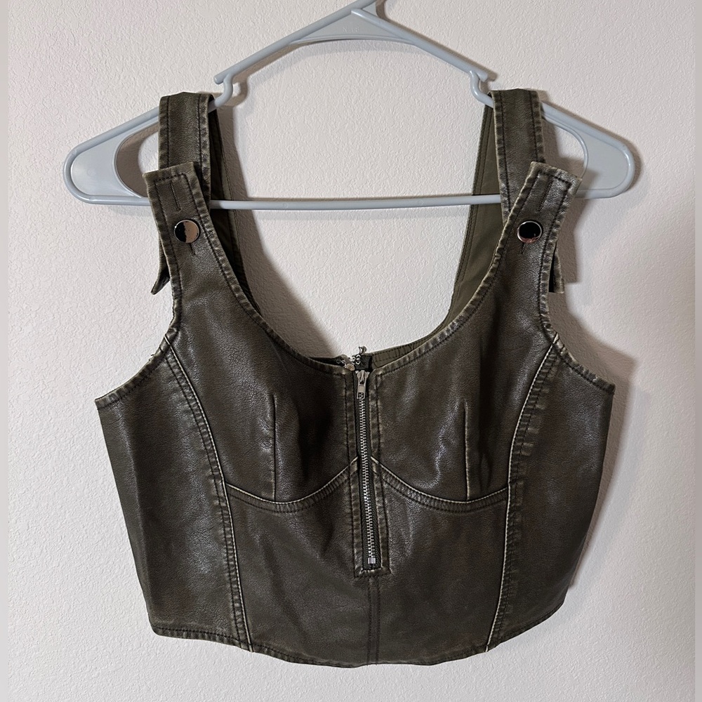 Fashion Nova Dark Olive Leather Bodysuit corset top and wide leg bottoms size L
